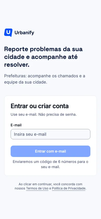 Tela de entrada, com o campo de e-mail e o botão Entrar com e-mail, em celular