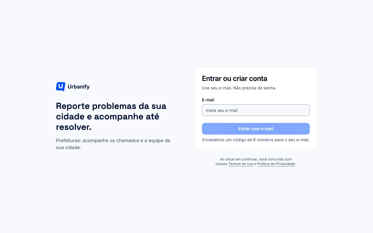 Tela de entrada, com o campo de e-mail e o botão Entrar com e-mail