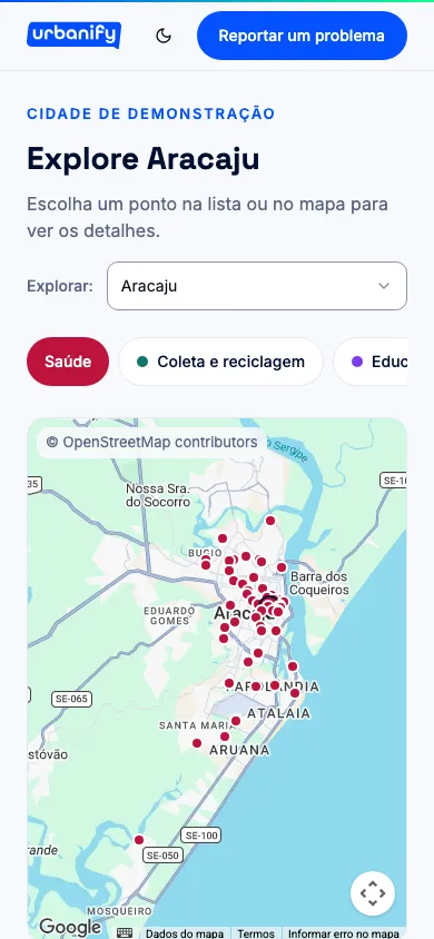 Página Explorar a cidade, com as categorias, a lista de pontos e o mapa, em celular
