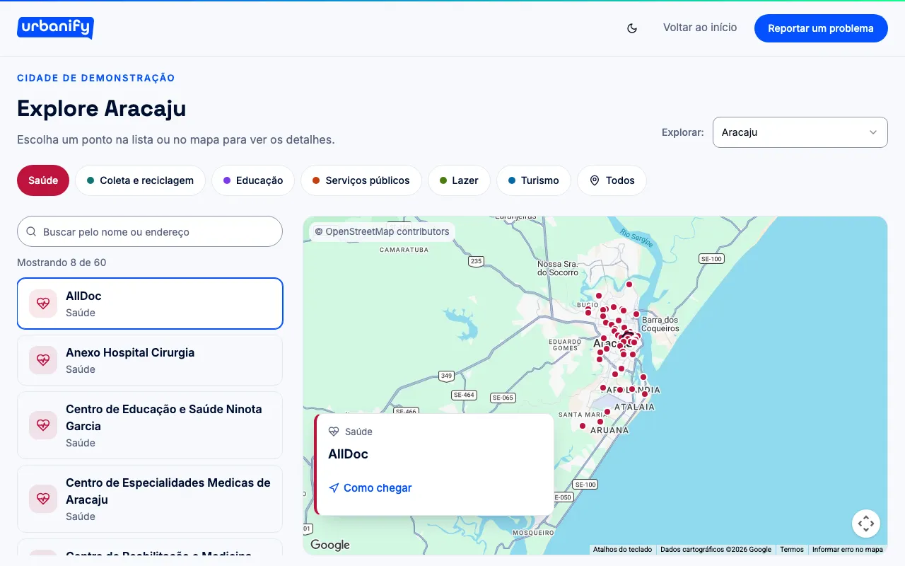 Página Explorar a cidade, com as categorias, a lista de pontos e o mapa