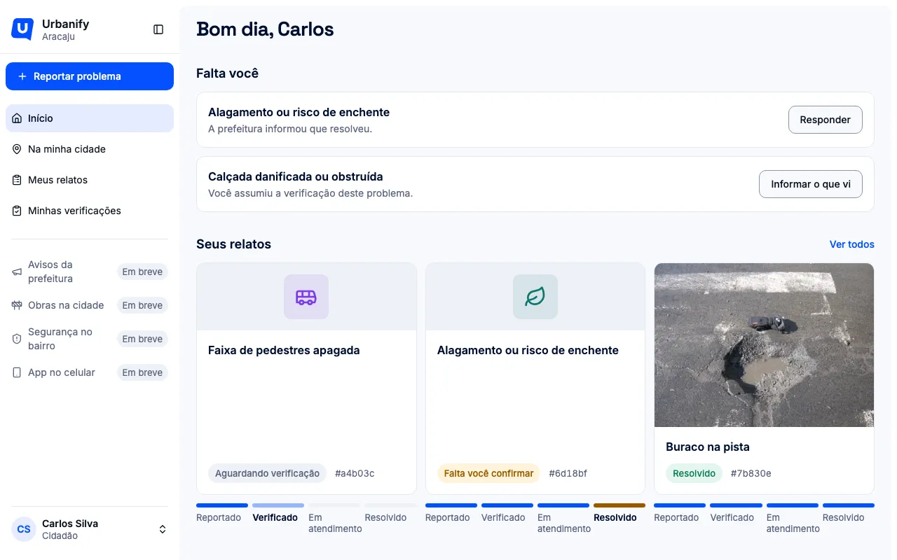 Tela Início, com a seção Seus relatos e a barra de etapas de cada chamado