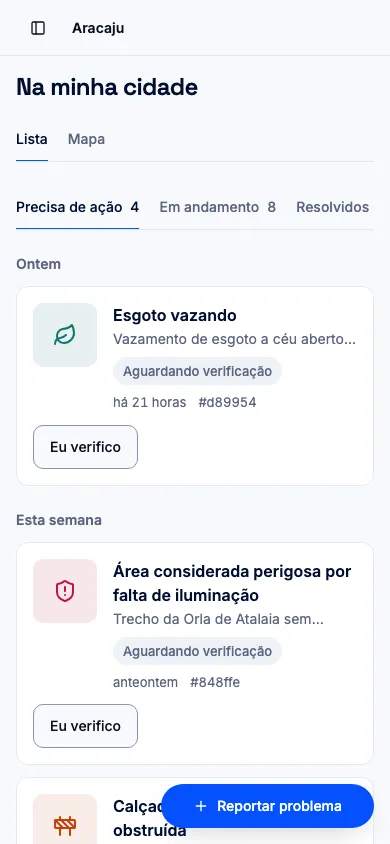 Lista Na minha cidade, com o botão Eu verifico em um chamado que aguarda verificação, em celular