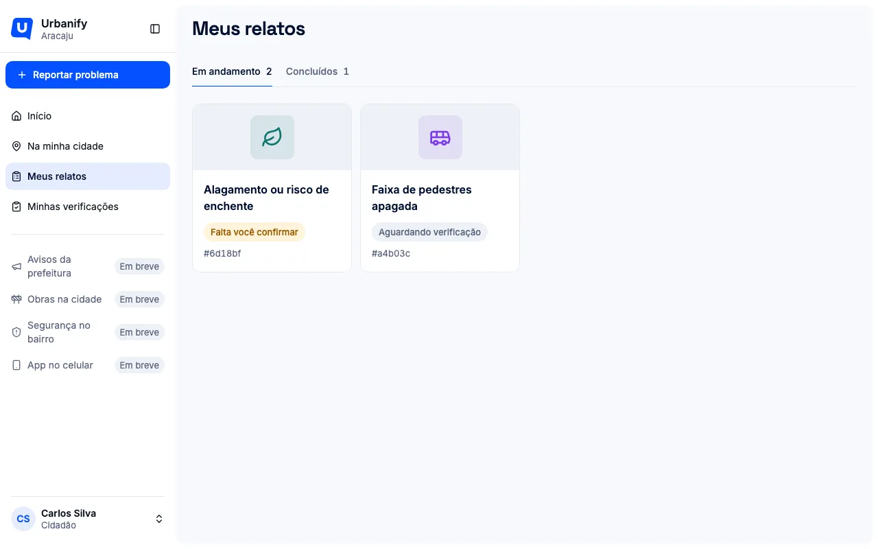 Lista Meus relatos, com as abas Em andamento e Concluídos e os chamados em cartões com foto