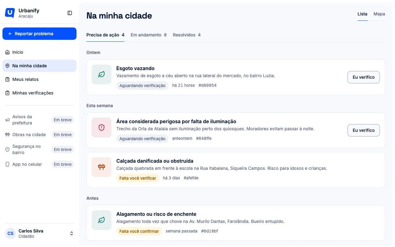 Lista Na minha cidade, com o botão Eu verifico em um chamado que aguarda verificação