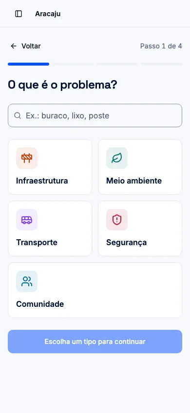 Primeiro passo do relato, com a pergunta O que é o problema e as categorias em botões grandes, em celular