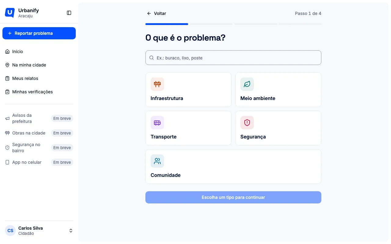 Primeiro passo do relato, com a pergunta O que é o problema e as categorias em botões grandes