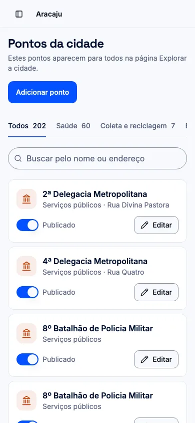 Tela Pontos da cidade, com filtros por categoria, busca e a lista de pontos, com um interruptor de publicar ao lado de cada um., em celular
