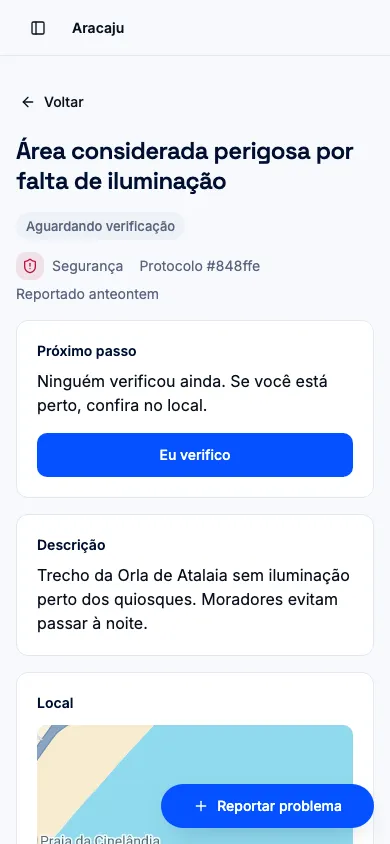 Página do chamado, com o bloco Próximo passo e o botão Informar o que vi, em celular