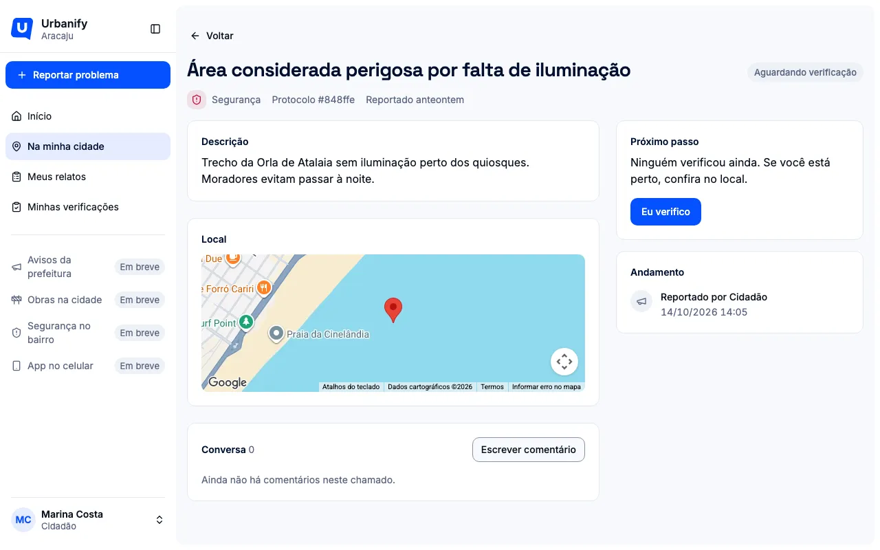 Página do chamado, com o bloco Próximo passo e o botão Informar o que vi