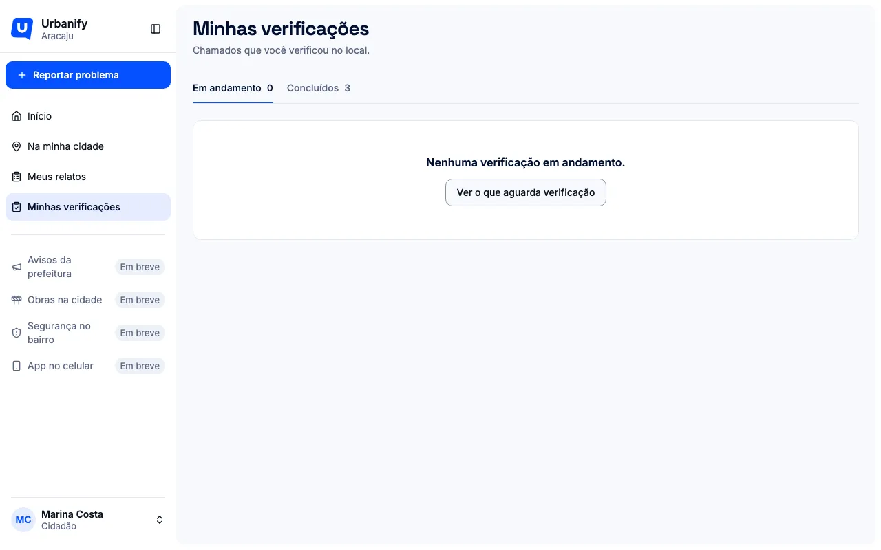 Minhas verificações, com os chamados que a pessoa verificou no local