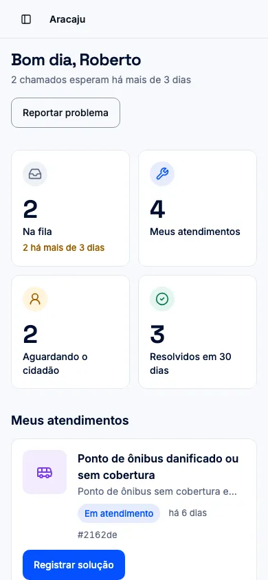 Tela Início do gestor, com quatro blocos de contagem no topo, a lista Precisa de atenção e o mapa pequeno ao lado., em celular