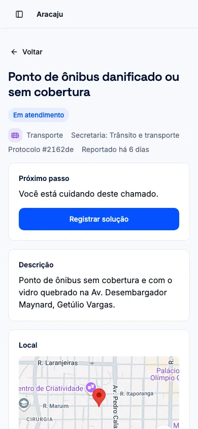 Detalhe de um chamado em atendimento, com o Próximo passo e o botão Registrar solução., em celular